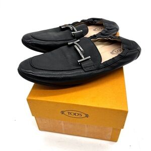 Tod’s Double T Black Leather Elastic Back Loafers